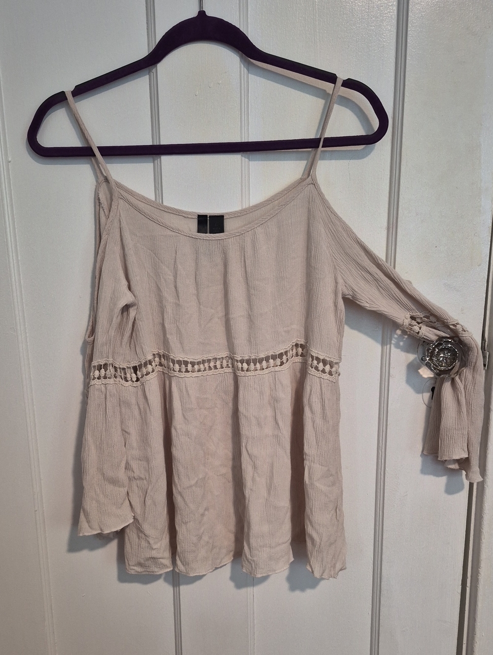 Beige Cold-Shoulder Lace-Trim Camisole Top